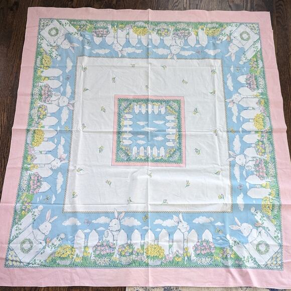 Vintage Easter Tablecloth 50" Square Rabbit Bunny Cotton - Picture 1 of 5